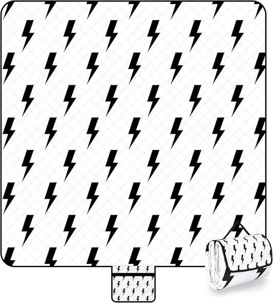 79''x79'' Extra Large Picnic Blankets, Waterproof Sandproof Foldable Outdoor Picnic Mat, Portable 3-Layer Fabric Beach Blanket for Camping, Park, Travel, Family Friends-Stylish Lightning Pattern-CubbioJoy