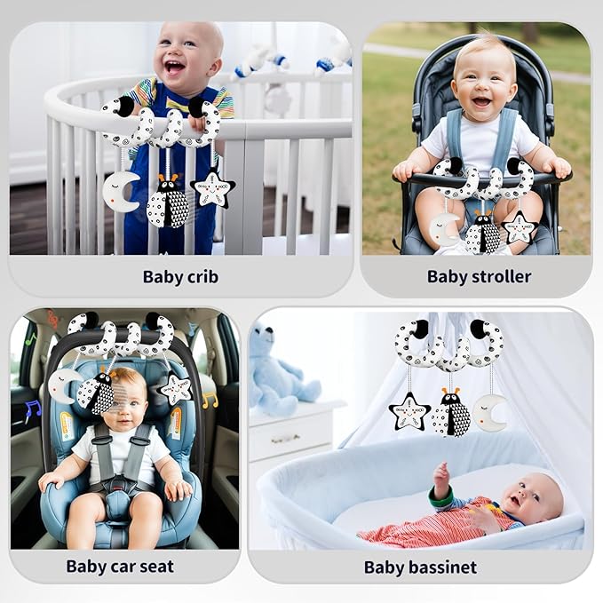 Car Seat Toys for Babies 0-6 Months,Hanging Rattle Toys for Crib Mobile, Baby Spiral Hanging Stroller Black and White High Contrast Toys for Newborn 0 3 6 9 12 Months Baby Boys Girls (Bug)-CubbioJoy