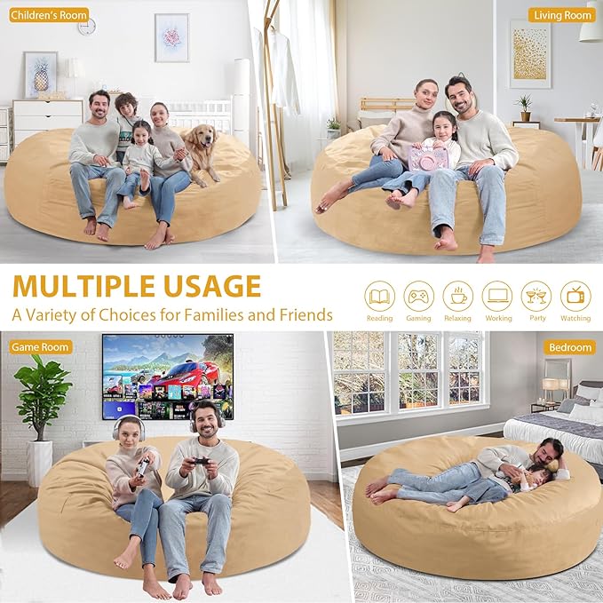 7FT Bean Bag Chair, Large Bean Bag Chairs with Memory Foam Filled, Fluffy Beanbag Sofa with Dutch Velvet Cover, Round BeanBag Chairs for Living Room, Playroom - Khaki-CubbioJoy