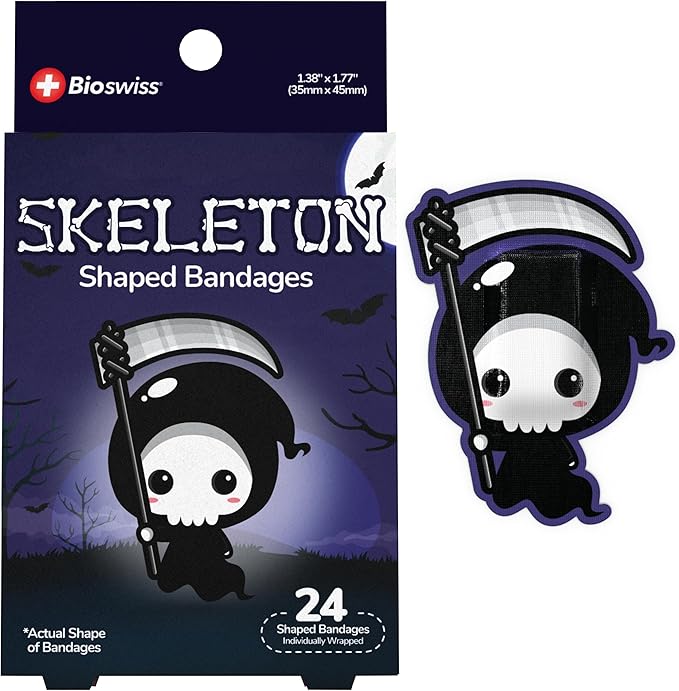 BioSwiss Bandages, Halloween Skeleton Shaped Self Adhesive Bandage, Latex Free Sterile Wound Care, Fun First Aid Kit Supplies for Kids, 24 Count-CubbioJoy