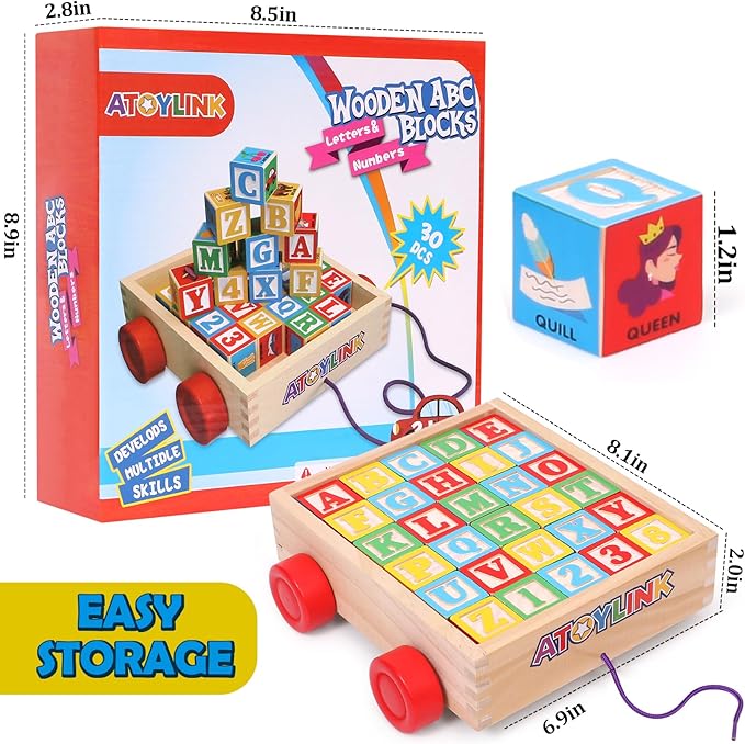 Atoylink ABC Wooden Building Blocks for Toddlers 1-3, 30 Pcs Alphabet & Number Stacking Toys with Storage Pull Toy Car Learning & Education Montessori Toys for 1 2 3 Year Old Baby Boy Girl Gifts-CubbioJoy