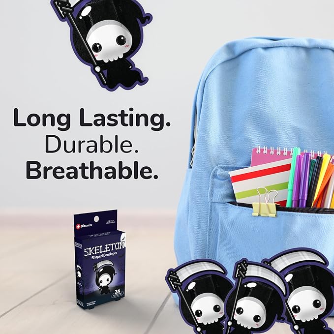 BioSwiss Bandages, Halloween Skeleton Shaped Self Adhesive Bandage, Latex Free Sterile Wound Care, Fun First Aid Kit Supplies for Kids, 24 Count-CubbioJoy