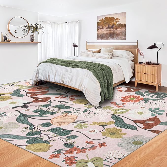9x12 Area Rug for Living Room: Vintage Floral Washable Rug Soft Boho Non Slip Carpet Large Indoor Floor Non Shedding Low Pile Thin Carpets for Bedroom Dining Room Farmhouse Nursery Home Light Pink-CubbioJoy