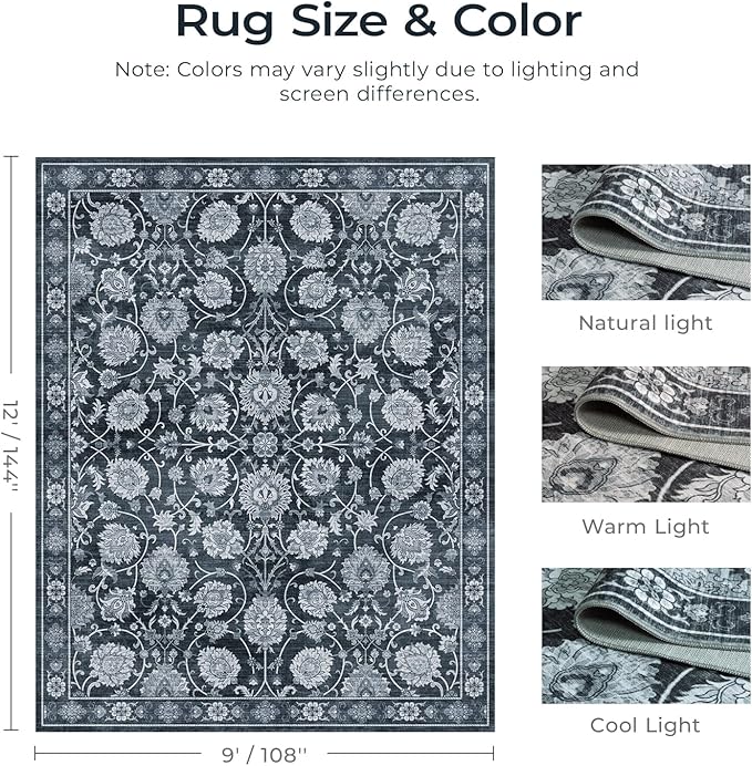 Black 9x12 Area Rug for Living Room, Washable Large Rugs, Vintage Floral Soft Carpet, Non Slip & Low Pile, Wool Carpets for Indoor Bedroom Dining Home Playroom Office Under Table, Black-CubbioJoy