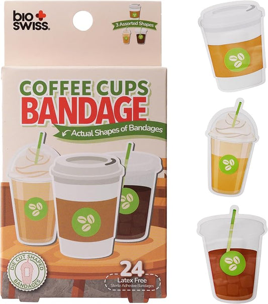 BioSwiss Bandages, Coffee Cup Shaped Self Adhesive Bandage, Latex Free Sterile Wound Care, Fun First Aid Kit Supplies for Kids, 24 Count-CubbioJoy