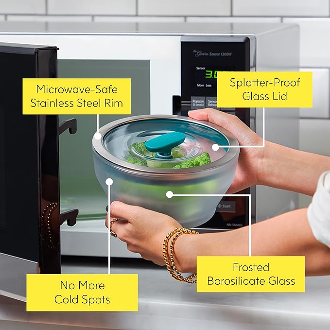 Anyday 4-Cup Microwave Cookware & Glass Container with Glass Lid, Plastic-Free Shallow Food Storage | Stackable Airtight Steamer with Vented Lid for Microwave-Safe Reheating, Steaming Vegetables-CubbioJoy