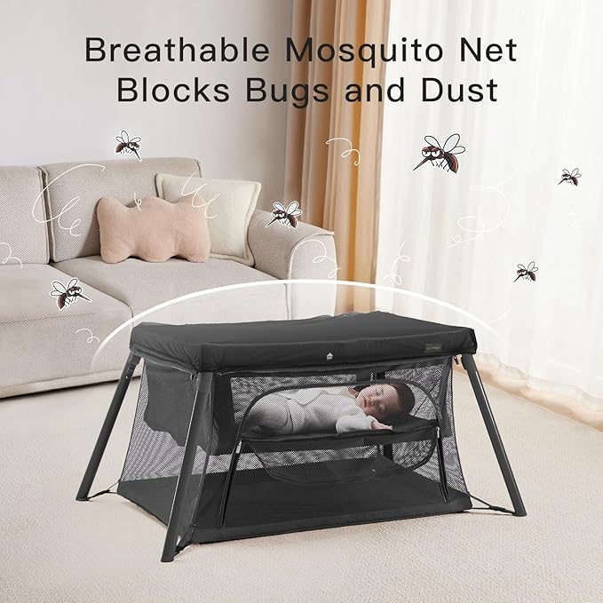 2 in 1 Portable Travel Crib for Toddler, Foldable Crib for Baby, Lightweight Playpen Collapsible Playard with Soft Mattress, Easy to Carry Baby Travel Bed for Outdoor, Indoor (Black)-CubbioJoy