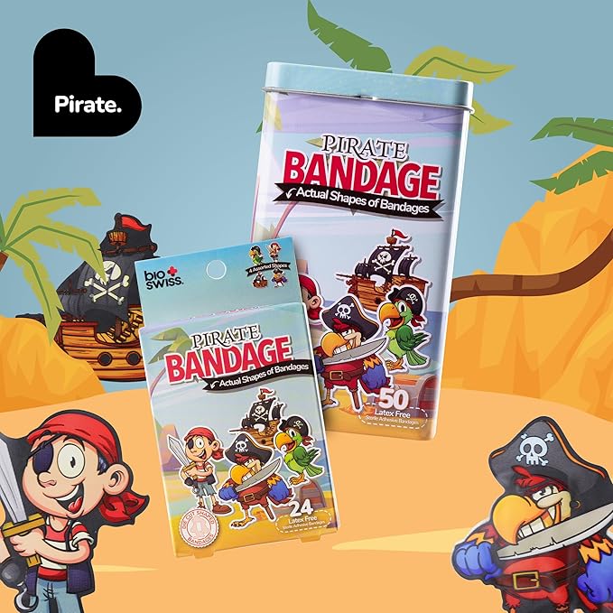 BioSwiss Bandages, Pirate Shaped Self Adhesive Bandage, Latex Free Sterile Wound Care, Fun First Aid Kit Supplies for Kids and Adults, 50 Count-CubbioJoy
