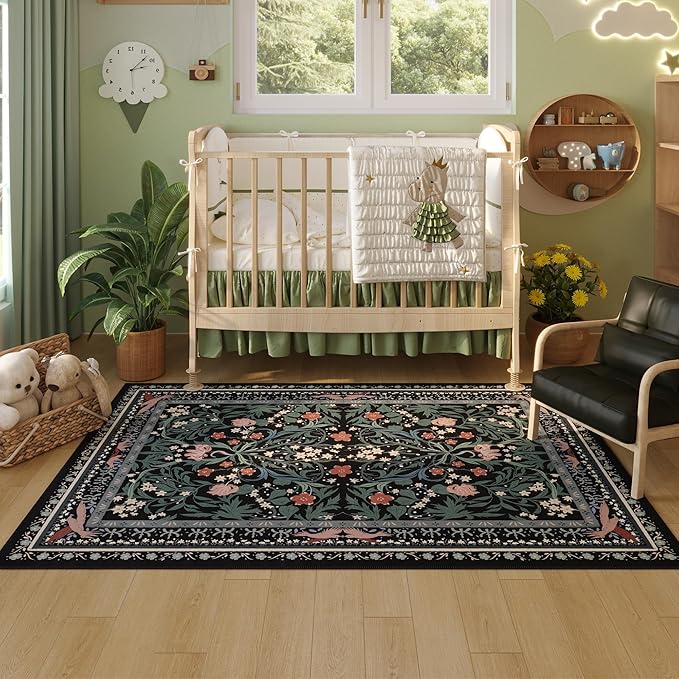 Bedroom Rug 3x5 Rug Washable Area Rug Non Slip Low Pile Vintage Floral Botanical Small Carpet for Bedroom, Bedside, Kitchen, Entryway, Kids Room, Office, Black-CubbioJoy