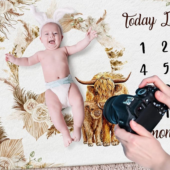 Boho Floral Baby Monthly Milestone Blanket Neutral Bohemian Photo Prop Blanket Personalized Highland Cow Baby Present Pampas Grass Ideas for Newborn Nursery Decor (Brown, Highland Cow)-CubbioJoy