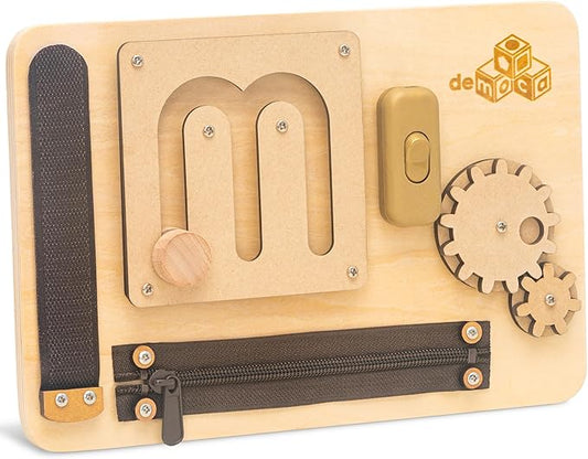 deMoca Baby Busy Board for 1 Year Old, Premium Montessori Toddler Travel Toy with Educational Activities, Sensory Travel Toys for Toddlers 1-3, Wooden Busy Board, Gift for Boy & Girl-CubbioJoy