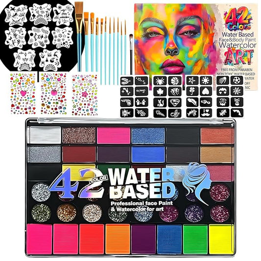 42 Color Face Paint Kit for Kids – Non-toxic Water-Based Makeup Palette with Stencils, Brushes & Gems – Face Painting Kit for Kids Ideal for Halloween, Parties, Festivals, Body Art & More-CubbioJoy