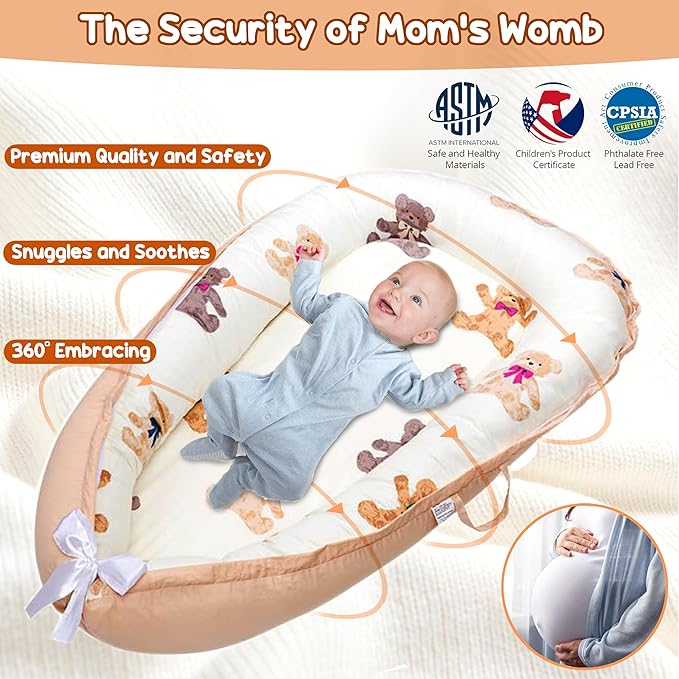 Baby Lounger - Baby Lounger for Newborn 0-24 Months, Breathable, Soft Cotton Baby Nest, Portable Infant Lounger for Home & Travel, Newborn Essentials Gift (Ivory Bear)-CubbioJoy