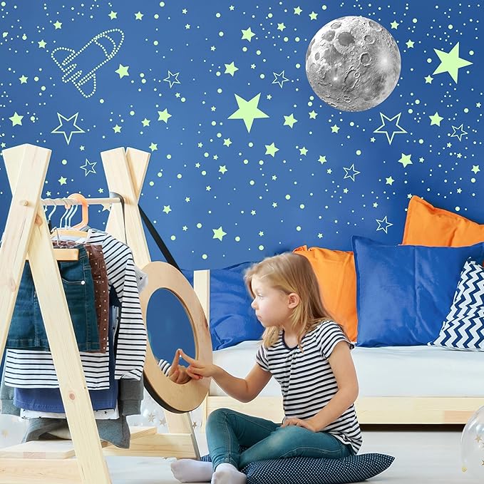 965 PCS Glow in The Dark Stars and Moon for Ceiling, Luminous Stars and Planet Wall Decals, Kids Room Decor, Glowing Galaxy Wall Stickers for Nursery Decorations (Green)-CubbioJoy