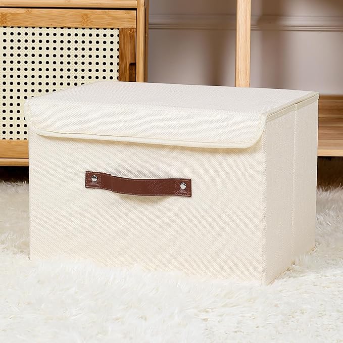 ANMINY 4PCS Storage Bins with Lid PU Leather Handles Storage Boxes PP Plastic Board Decorative Foldable Lidded Cotton Linen Fabric Home Cubes Baskets Closet Organizer Containers - Beige, Large Size-CubbioJoy