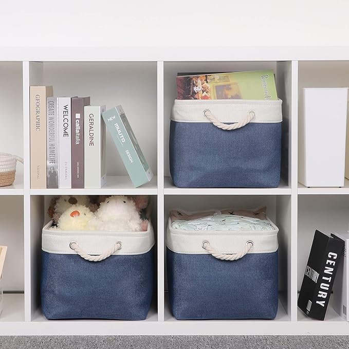 Bidtakay Storage Baskets Collapsible [3-Pack] Decorative Storage Bins with Cotton Rope Handles 15 X 11 X 9.5 Inch Organizing Baskets for Shelves Clothes Closet Navy Blue Baskets for Gifts Empty-CubbioJoy