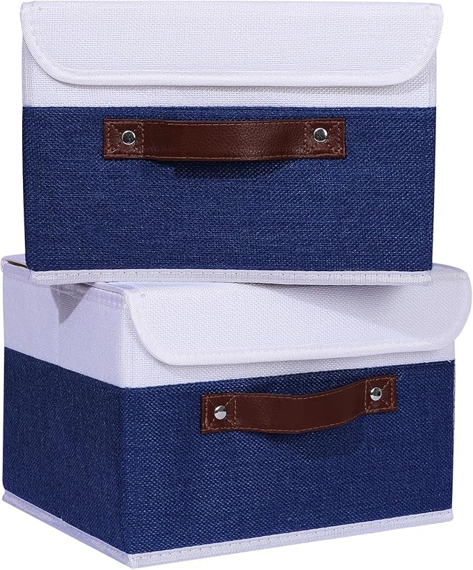 ANMINY 4PCS Storage Boxes with Lid Washable Decorative Storage Bin Basket with PU Leather Handle Foldable Linen Fabric Storage Cube Container for Home Closet Organizer - Deep Blue White, Small Size-CubbioJoy