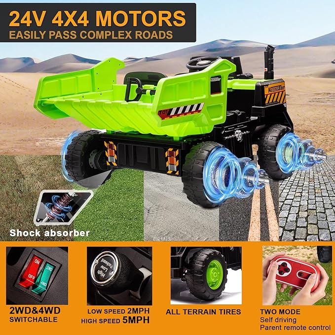 24V Ride On Dump Truck, 24inch-2 Seater Ride On Car for Kids w/Remote Control 4WD/2WD Up to 5 Mph, 24v Ride on Toys for Big Kids w/Electric Dump Bed Extra Shovel Traffic Cones (Green)-CubbioJoy