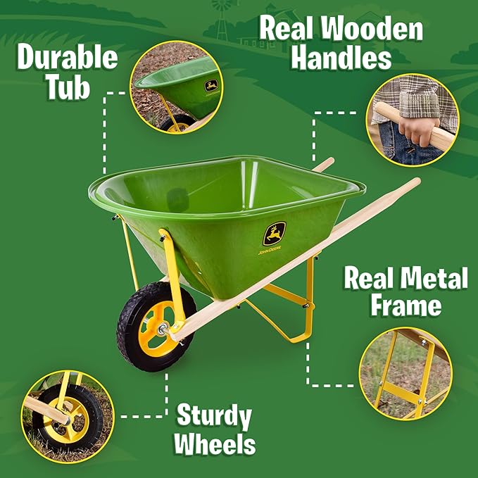 John Deere Deluxe 34" Wheelbarrow and Garden Set Includes 5 Realistic Gardening Tools,Gardening Apron, Gardening Gloves, Large Metal Wheelbarrow with Wooden Handles, Outdoor Toy Ages 5+-CubbioJoy