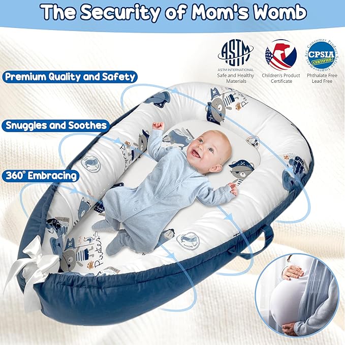 Baby Lounger - Baby Lounger for Newborn 0-24 Months, Breathable, Soft Cotton Baby Nest, Portable Infant Lounger for Home & Travel, Newborn Essentials Gift (Blue Elephant)-CubbioJoy