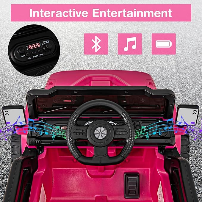 Costzon 12V Kids Ride on Truck Car, Electric Vehicle w/Remote Control, Threaded Wheels, 3 Speeds, LED Lights, Music, Horn & Wireless Connection, Battery Powered Ride on Toy for Boys & Girls 3+ (Pink)-CubbioJoy
