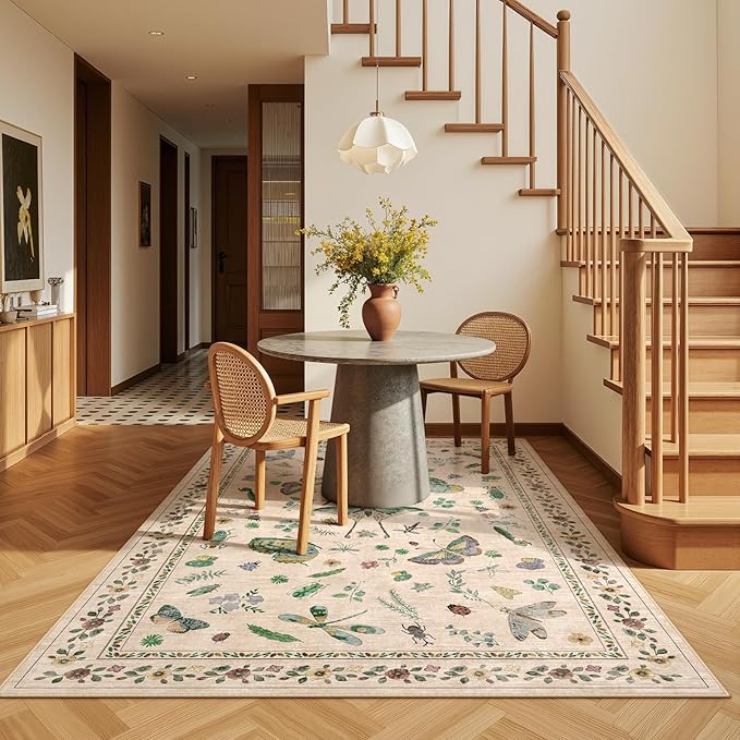 3x5 Washabl Rug with Insect Print - Bug Rug Non-Shedding Stain Resistant Soft Small Carpet for Bedroom, Low Pile Ultra-Thin Machine Washable Carpet for Nursery,Entrance, Office (3'x5' Beige)-CubbioJoy