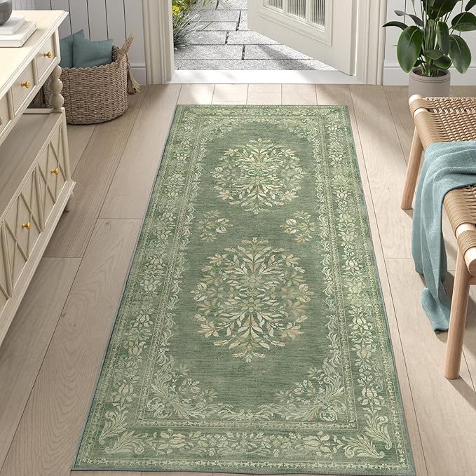 jinchan Vintage Floral Runner Rug 2x6 - Machine Washable Distressed Design Non-Slip Low-Pile Soft Thin Carpet for Hallway Kitchen Farmhouse Bedroom Entryway Laundry Room (2x6ft,Dark Green)-CubbioJoy