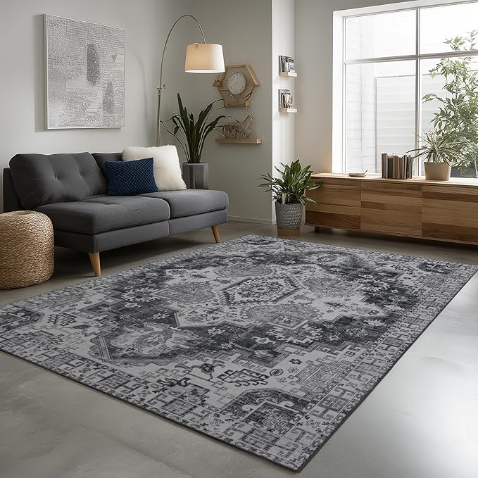 9x12 Area Rug Living Room Rugs, Stain Resistant Washable Rug, Vintage Large Non-Slip Backing, Low Pile Lightweight Print Rug for Bedroom Dinning Room Home Office (Medium Gray)-CubbioJoy