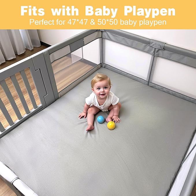 48" ×48" Padded Baby Play Mat for Floor, 1.2" Thick Memory Foam Mat with Machine Washable Cover, Soft Tummy Time Crawling Playmat with Non-Slip Bottom, Fits 50" x50" Playpens-CubbioJoy