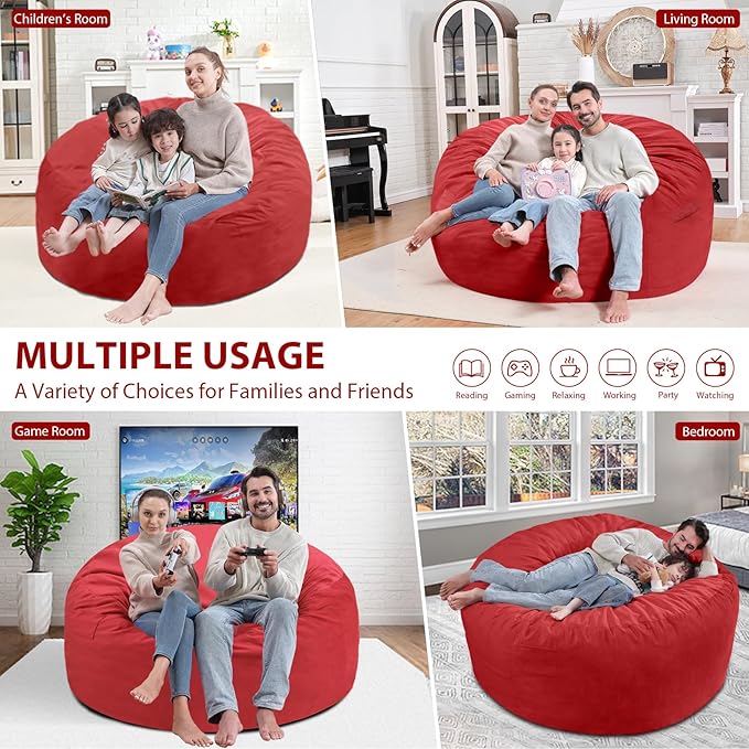 5FT Bean Bag Chair, Large Bean Bag Chairs with Memory Foam Filled, Fluffy Beanbag Sofa with Dutch Velvet Cover, Round BeanBag Chairs for Living Room, Playroom - Red-CubbioJoy