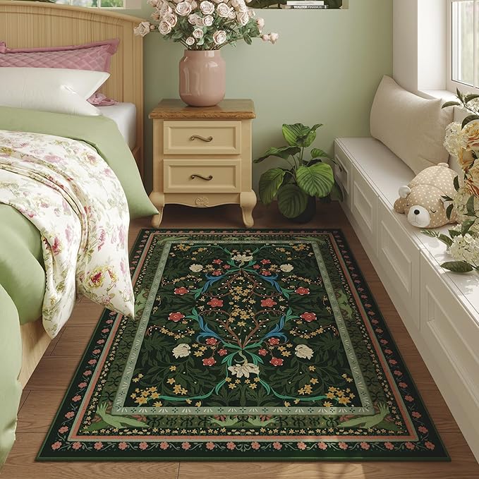 Area Rug 4x6 Rug Washable Vintage Floral Botanical Rugs Non Slip Low Pile Small Carpet for Bedroom, Bedside, Kids Room, Office, Dining Room, Green-CubbioJoy