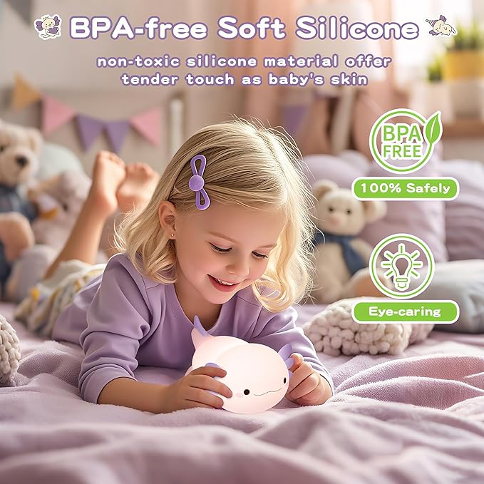 Axolotl Night Light for Kids,Cute Purple Axolotl Lamp,LED Squishy Nursery Nightlight, Food Grade Soft Silicone Novelty Animal Bedside Lamp,Adorable Room Decor, Axolotl Gitfs for Mother Girls Baby-CubbioJoy