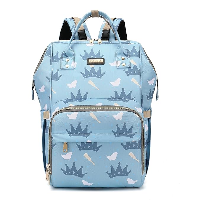 Diaper Bag Backpack, Diaper Bags for Baby Girls Boys, Baby Bags for Moms Dads, Nappy Changing Bag with Insulated Pockets,Multi-functional Waterproof Backpack with Stroller straps-Light blue crown-CubbioJoy