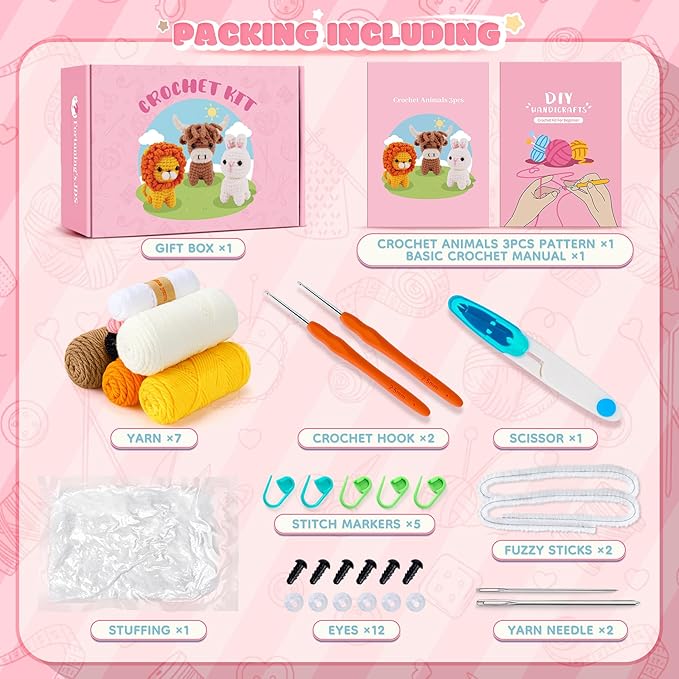 Crochet Kit for Beginners, Amigurumi Crochet Animal Kits, Crocheting Kit for Starters Adult Kids with Step-by-Step Video Tutorials, Animal Kits with Highland Cow, Lion, Bunny-CubbioJoy