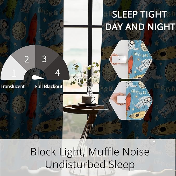Kids Astronaut and Rocket Blackout Curtains - 100% Blackout, Thermal Insulated, Noise Reducing, Bring The Cosmos Closer to Your Kid’s Room, 2 Panels (Moonbound Adventure, W52×L63)-CubbioJoy