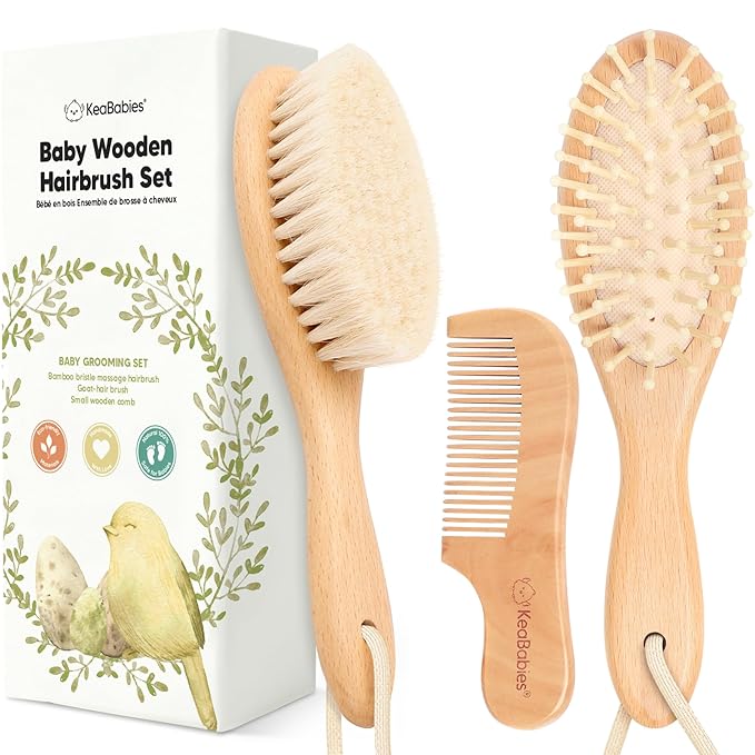 Baby Hair Brush and Comb Set for Newborn - Wooden Baby Hair Brush Set with Soft Goat Bristle, Baby Brush Set for Newborns Baby Brush and Comb Set Girl, Boy, Toddler Cradle Cap Brush (Oval, Walnut)-CubbioJoy