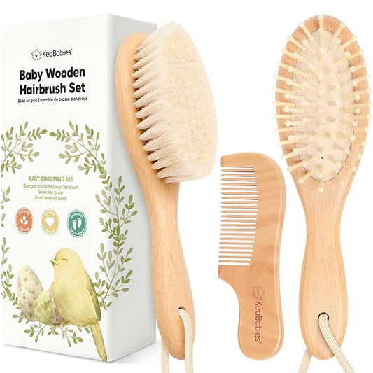 Baby Hair Brush and Comb Set for Newborn - Wooden Baby Hair Brush Set with Soft Goat Bristle, Baby Brush Set for Newborns Baby Brush and Comb Set Girl, Boy, Toddler Cradle Cap Brush (Oval, Walnut)-CubbioJoy