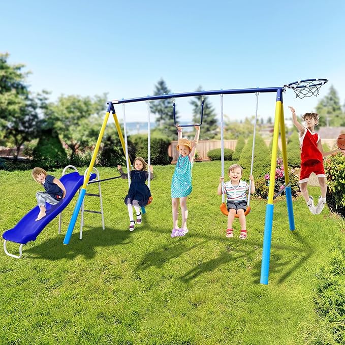 5-in-1 Backyard Swing Set for Kids Ages 3-8 | Outdoor Playset with Slide, 2 Safe Swing Seats, Basketball Hoop & Gymnastics Rings | Heavy-Duty HDPE & Steel Frame-CubbioJoy
