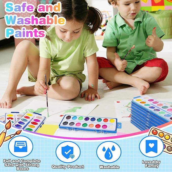 15 Pack Watercolor Paint Set for Kids, 16 Colors Washable Water Colors with Paint Brushes, Washable for Classroom Party Favor Art Activities-CubbioJoy