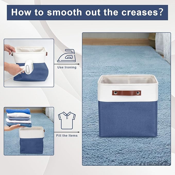 Collapsible Fabric Storage Cubes 11x11 Cube Storage Bins, 4 Pack Closet Baskets Box with Handles for Organizing, Shelf, Toys, Clothes, Home, Office, Nursery (Navyblue&White)-CubbioJoy