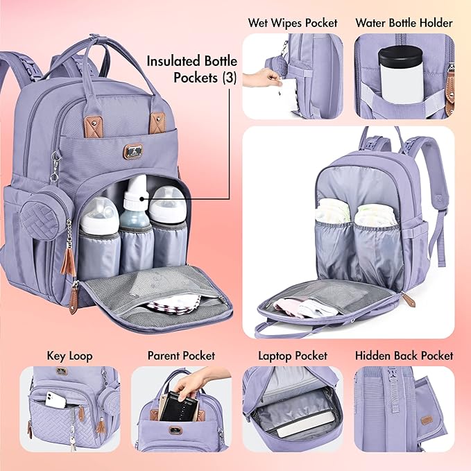 Dikaslon Diaper Bag Backpack with Portable Changing Pad, Pacifier Case and Stroller Straps, Large Unisex Baby Bags for Boys Girls, Multipurpose Travel Back Pack Moms Dads, Taro Purple-CubbioJoy