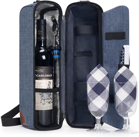 ALLCAMP Wine Bag - Insulated Cooler Bag with Wine Glasses, Bottle Opener & Wine Accessories for Wine Lovers - Portable Wine Gift Bag for Travel, Picnics, and Gift Ideas(Blue)-CubbioJoy