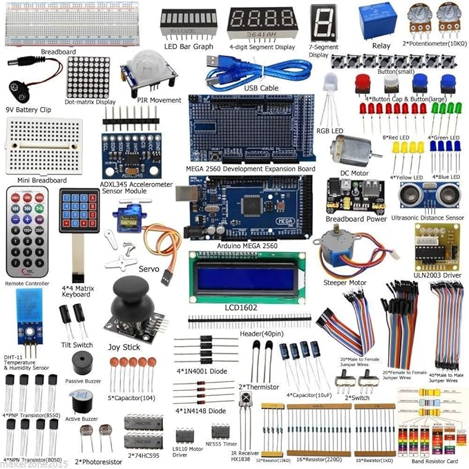 Complete Ultimate STEM Electronic Projects Starter Kit for Arduino with Mega2560, LCD1602, Servo, Stepper Motor, Sensors, Breadboard, Jumper Wire, Resistor, Capacitor, Transistor and Tutorial-CubbioJoy