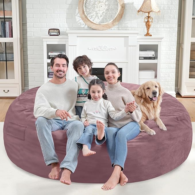 7FT Bean Bag Chair, Large Bean Bag Chairs with Memory Foam Filled, Fluffy Beanbag Sofa with Dutch Velvet Cover, Round BeanBag Chairs for Living Room, Playroom - Dusty Pink-CubbioJoy