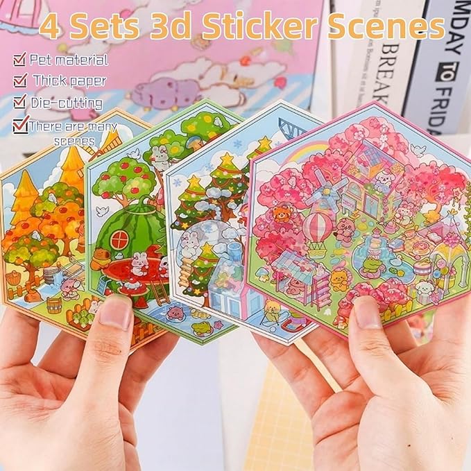 4 Sets DIY 3D House Stickers - Four Seasons Theme: Create Your Own Cute Cartoon Miniature Scene Sticker Art Kit for Kids & Adults, Stress Relief (Spring Summer Autumn Winter Theme)-CubbioJoy