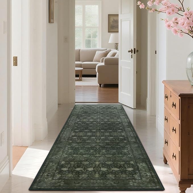 2'6x8' Washable Runner Rug for Hallway, Non Slip Vintage Floral Long Carpet Runners for Entryway, Kitchen, Bathroom, Bedroom, Low Pile Laundry Rugs Rubber Backing (Distressed Green)-CubbioJoy