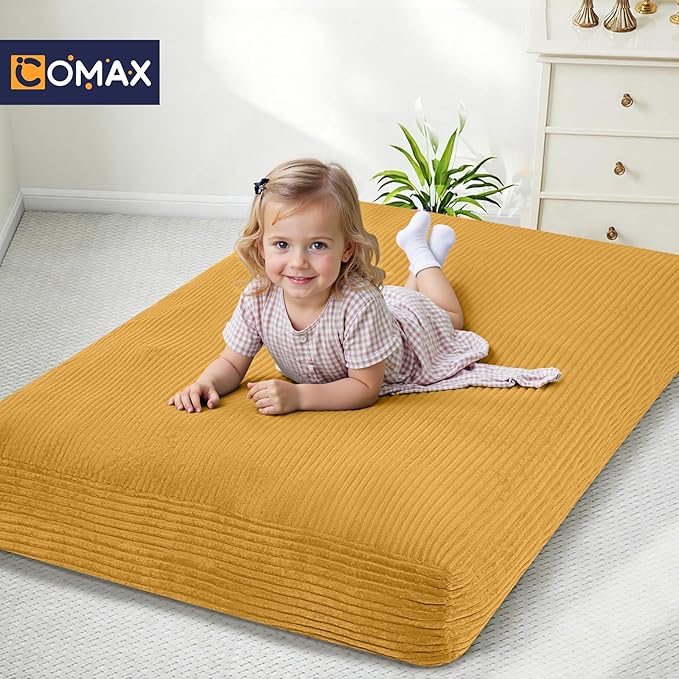 COMAX Kids Bean Bag Chair Turn into Beanbag Bed, Toddler Bean Chair Corduroy for Girl Boy Sleeping, Lazy Children Bean Bags with Filler, Convertible Child Floor Mattress, Yellow-CubbioJoy