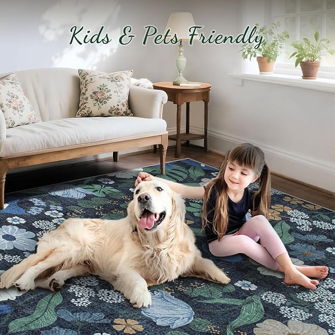 9x12 Area Rug for Living Room: Vintage Floral Washable Rug Soft Boho Non Slip Carpet Large Indoor Floor Non Shedding Low Pile Thin Carpets for Bedroom Dining Room Farmhouse Nursery Home Office Blue-CubbioJoy