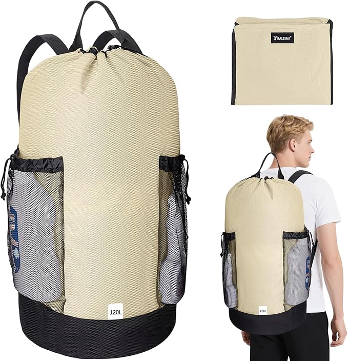 BALEINE 120L Laundry Bag Backpack, 900D Oxford Fabric Large Travel Laundry Bags with Shoulder Straps and 2 Mesh Pockets for College Dorm, Apartment, Laundromat (Beige, 120L)-CubbioJoy