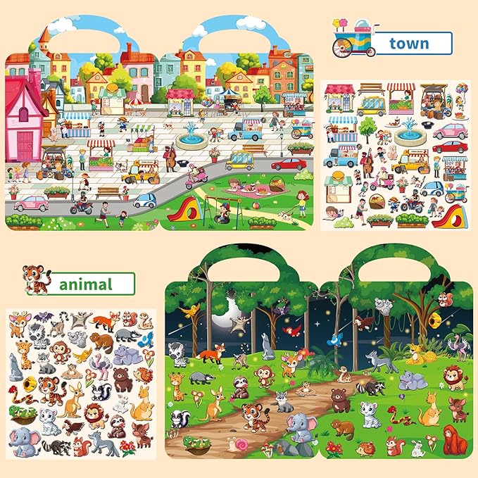 6 Set Reusable Sticker Books for Toddlers 2-4,1-3, Kids 3D Puffy Stickers (Dinosaurs, Forest, Town, Pets, Construction, Insects), Sticker Activity Books-CubbioJoy